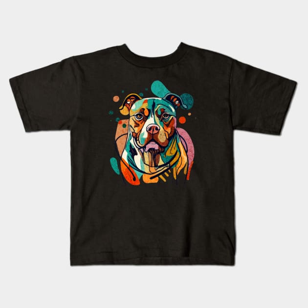 Modern Abstract Pitbull Lineart Color Explosion Kids T-Shirt by Tintedturtles